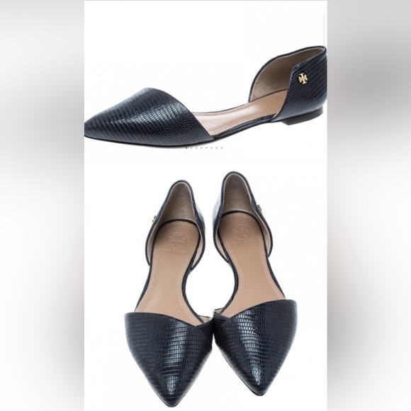 Tory Burch Navy lizard Embossed Viv D’orsay Flats - Picture 1 of 3